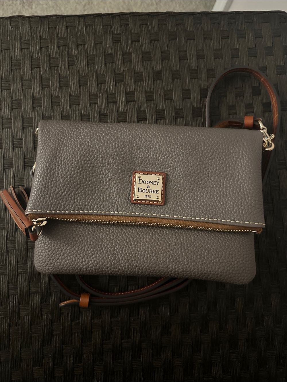 Dooney & Bourke Pebbled Leather Crossbody in Gray with Brown Trim - Picture 2 of 4